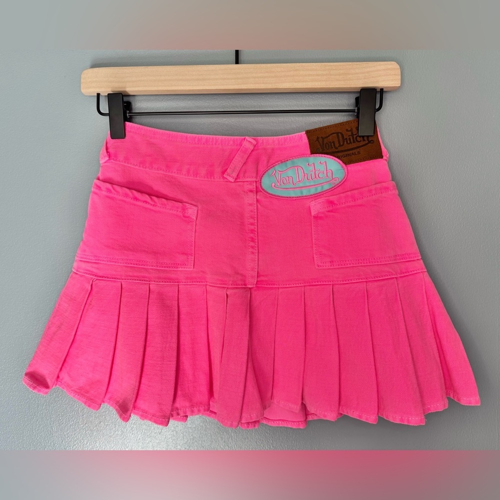 Vintage VTG Y2K Von Dutch Hot Pink Pleated Denim Mini Skirt McBling | Size XS - Picture 4 of 6